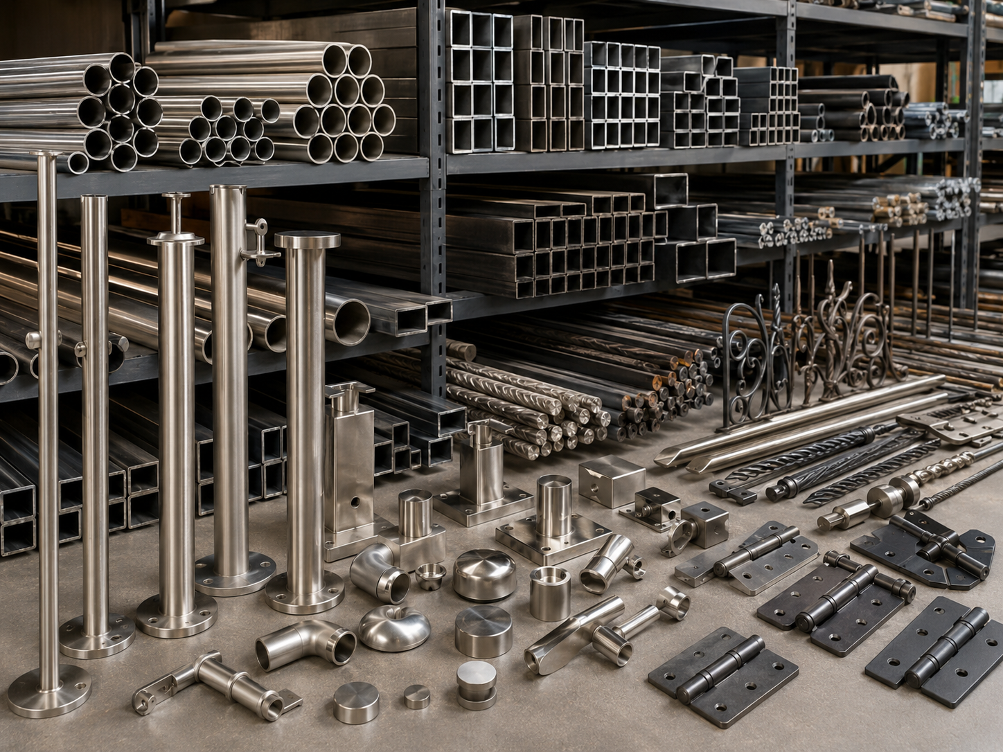 Metal sections and accessories for gates, doors and handrails