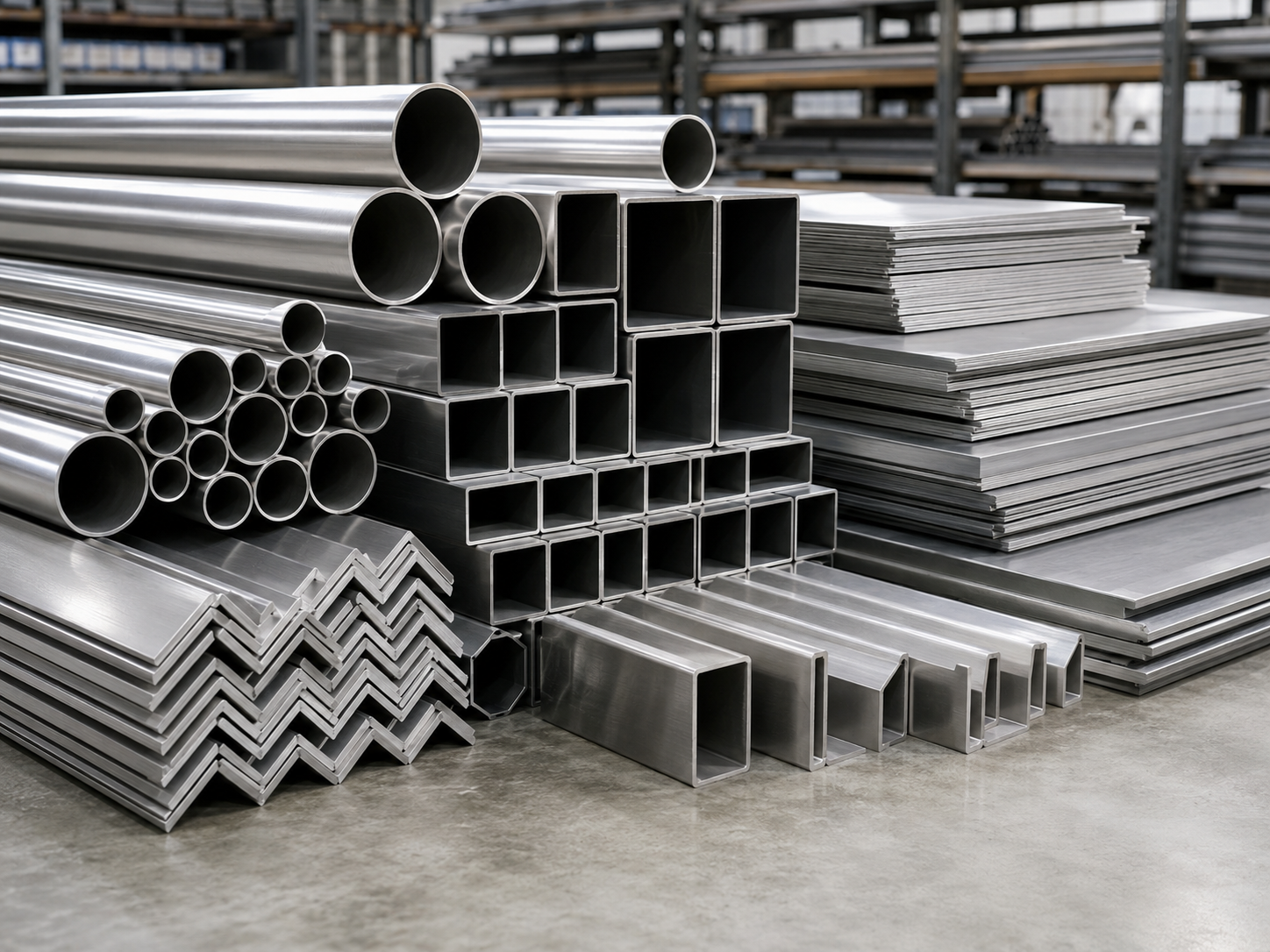Assorted stainless steel pipes, plates, angles and channels